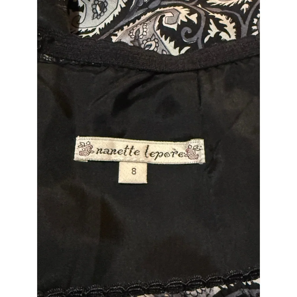 Nanette Lepore Silk Paisley Skirt Black White Satin Trim Ruffle Hem‎ Size 8 USA